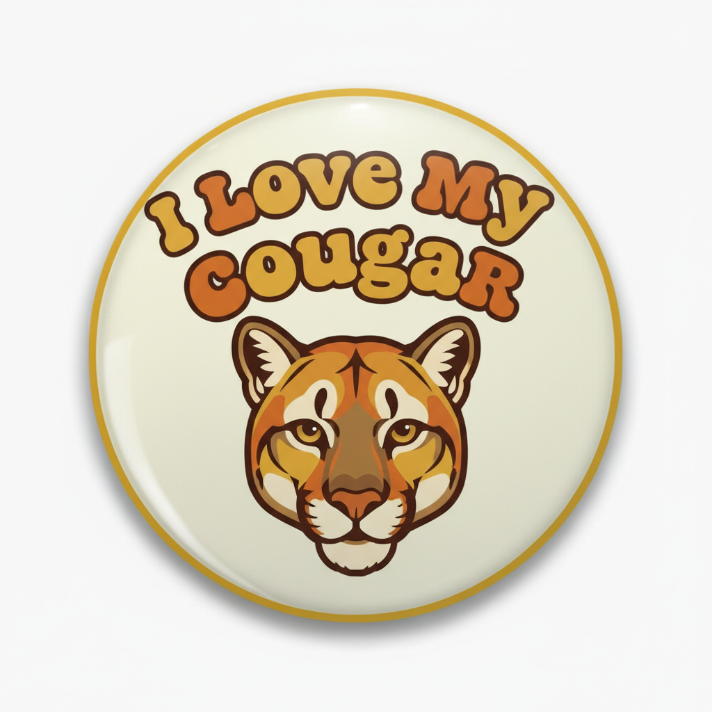 2.25-inch round cougar pinback button, gold rim, cartoon face and 'I Love My Cougar'.