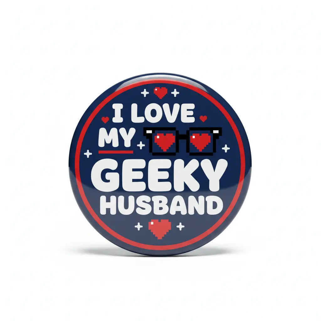 Round black pinback button with 'I LOVE MY GEEKY HUSBAND' and heart icons