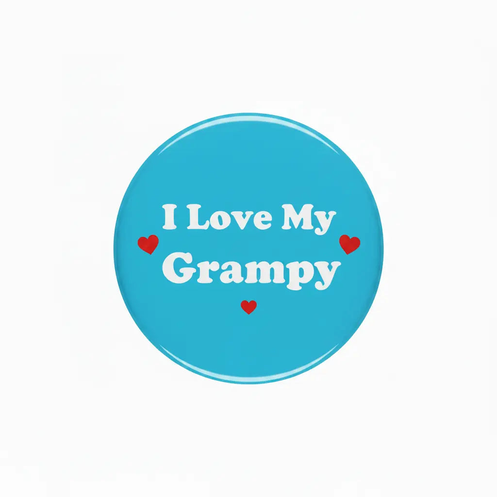 Blue pinback button: white "I Love My Grampy" text with red hearts