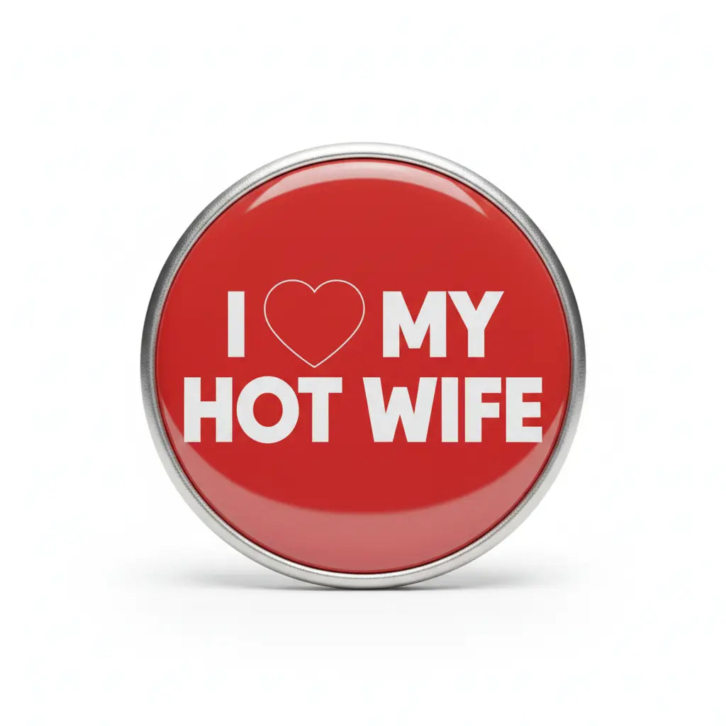 2.25-inch red pinback button with white text 'I ♥ MY HOT WIFE'