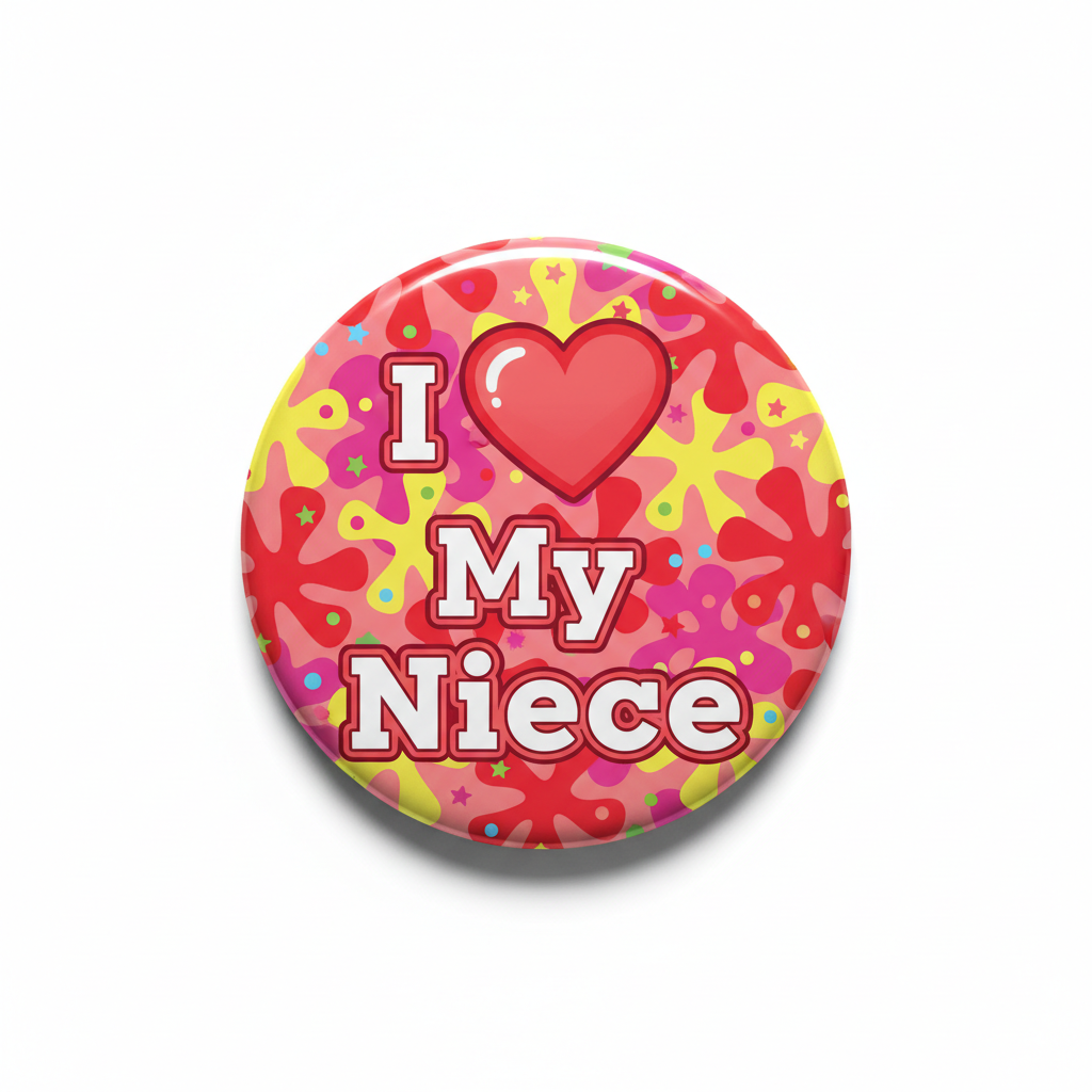 Colorful circular pinback button with pink heart and 'I My Niece' text