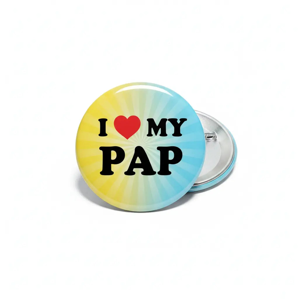 Round I Love my Pap pinback button with blue heart and large black lettering, silver back