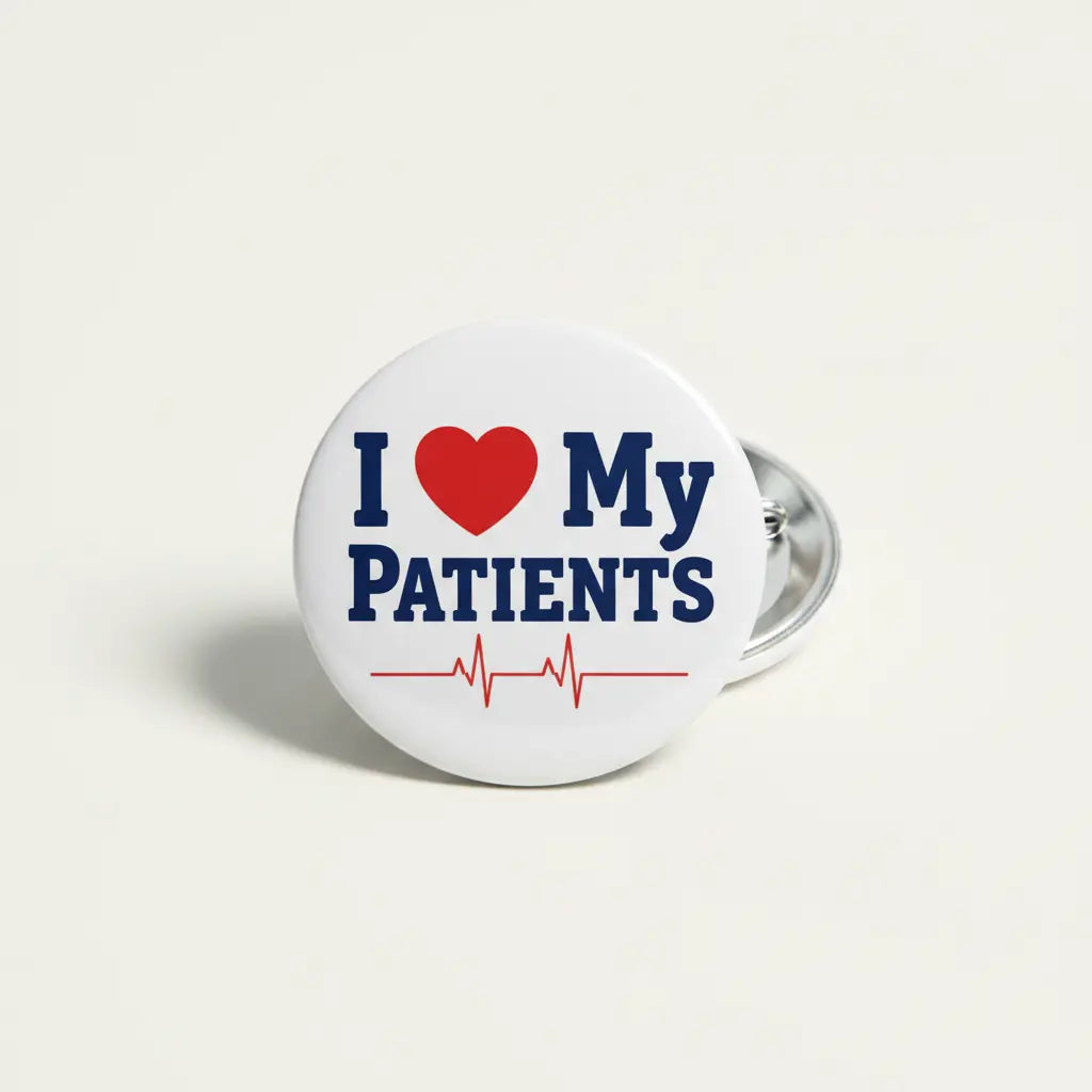 Round white pinback button with blue I heart My PATIENTS text, red heart, silver pin back