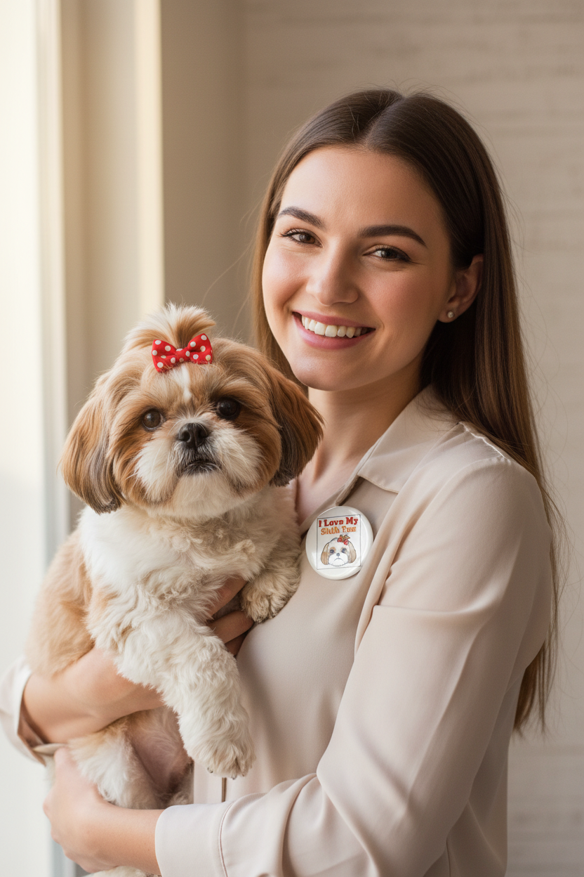 A smiling woman in a beige collared shirt holds a small fluffy tan and white dog wearing a red bow. The woman has a round pin on her chest, and the background is a softly lit indoor setting.