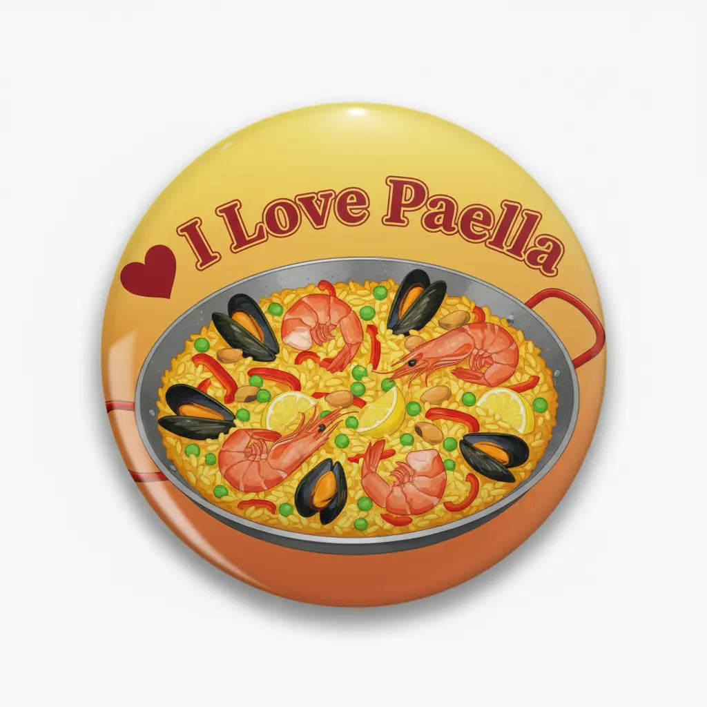 Paella pinback button with colorful seafood graphic and “I Love Paella” text