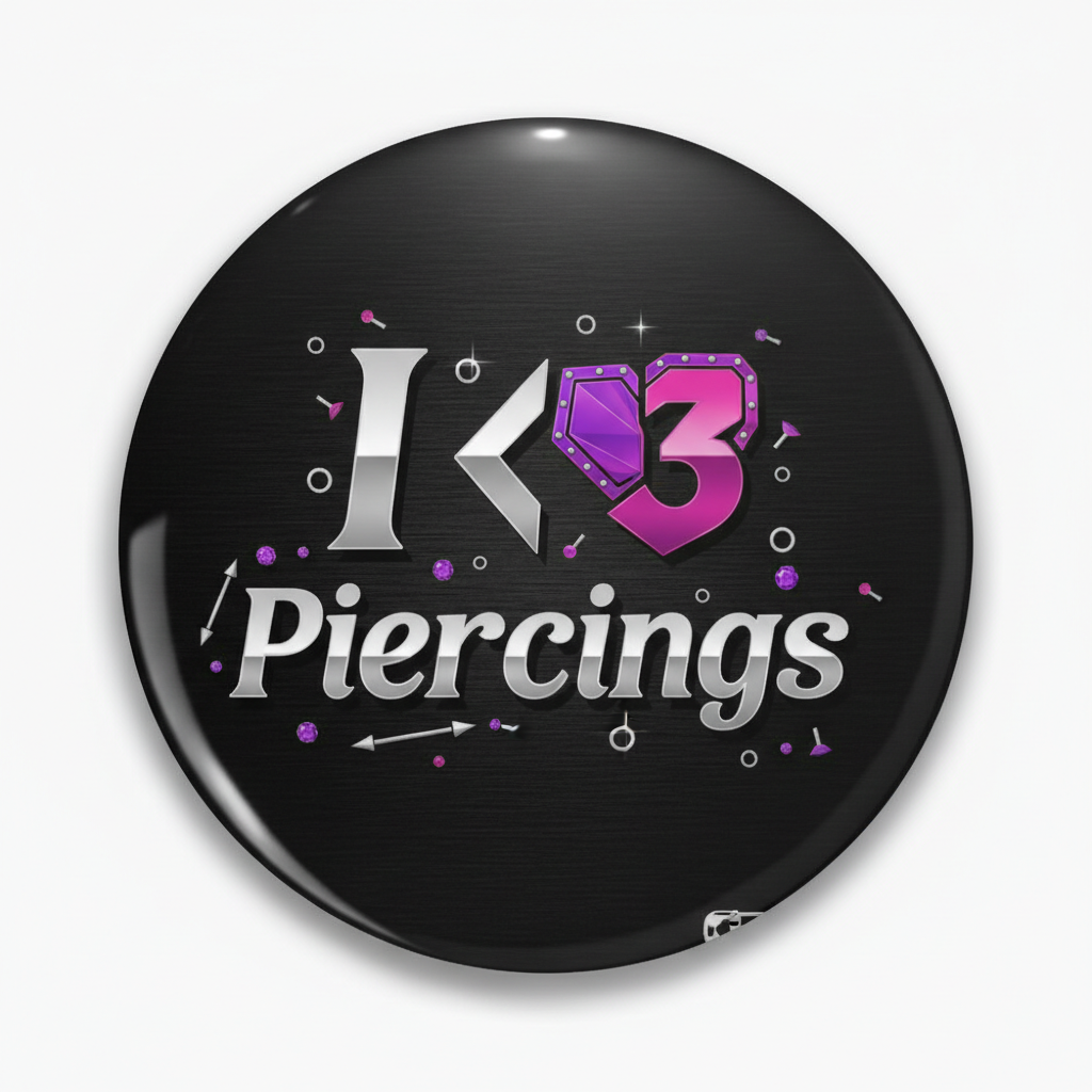Round pinback button with 'Piercings' text and purple heart accents