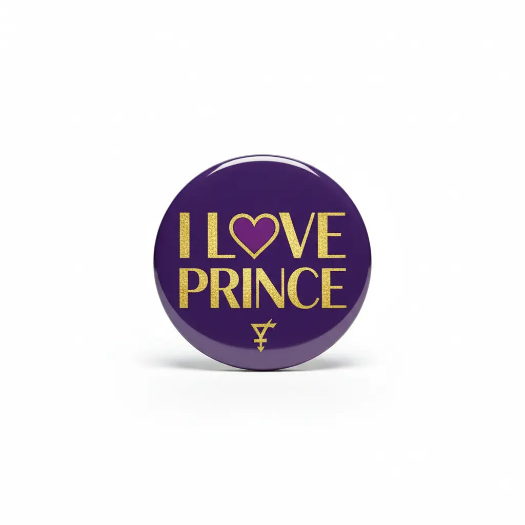 2.25-inch round purple Prince pinback button with gold “I LOVE PRINCE” text