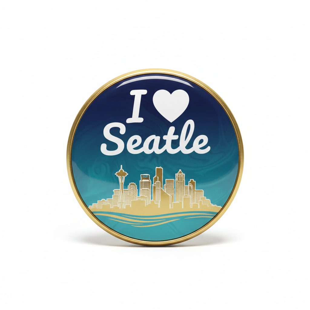 Round gold-framed pinback button with blue 'I ♥ Seattle' design