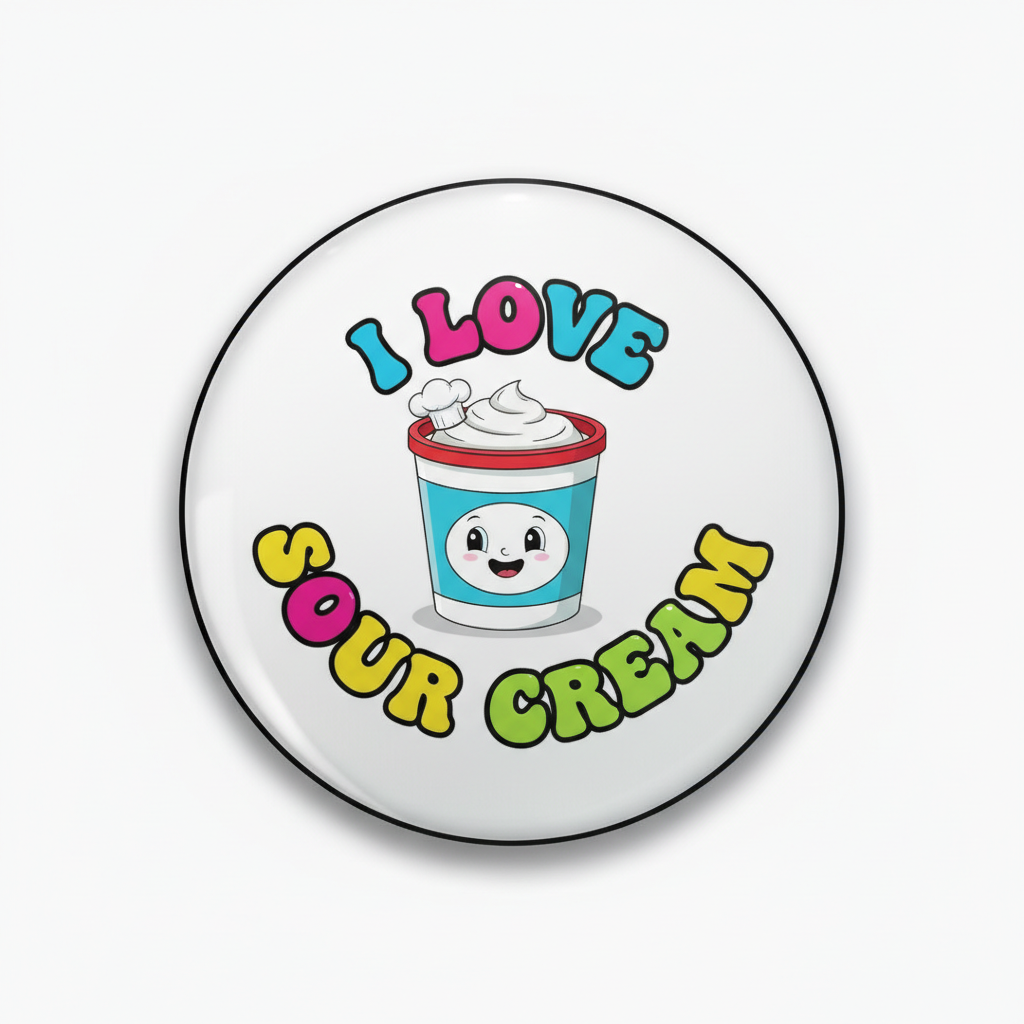 Round I Love Sour Cream pinback button with cartoon sour cream cup and colorful text