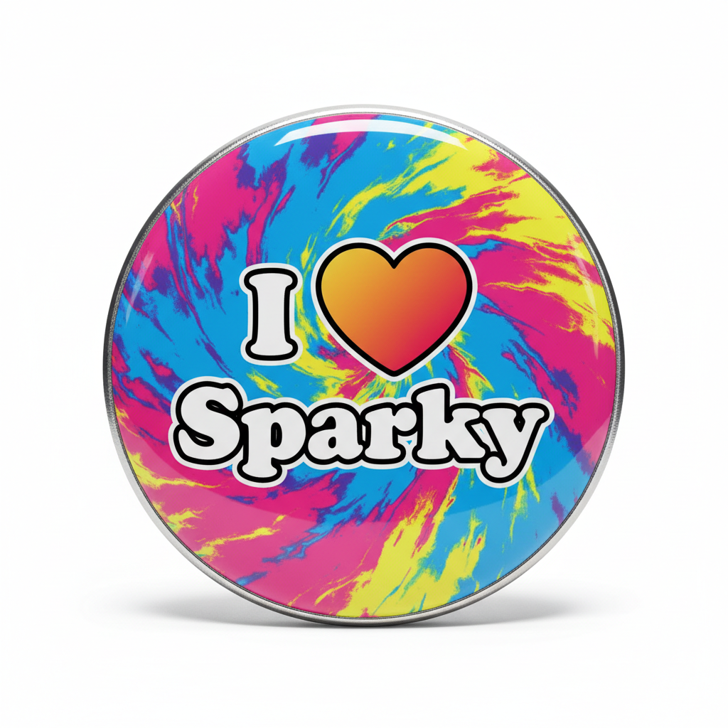Round pinback button, tie-dye "I ♥ Sparky" heart graphic