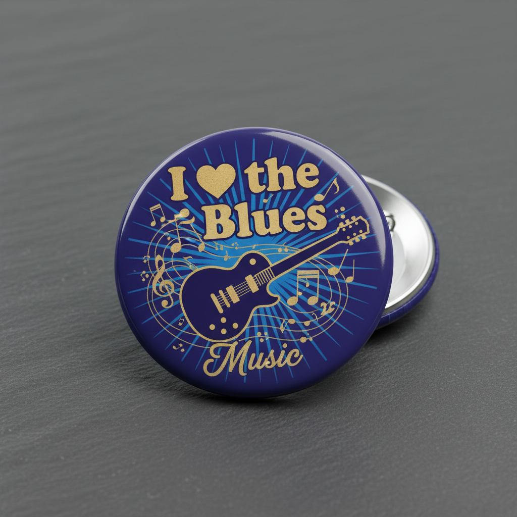 Blue round pinback button with gold "I ♥ the Blues Music" and guitar graphic