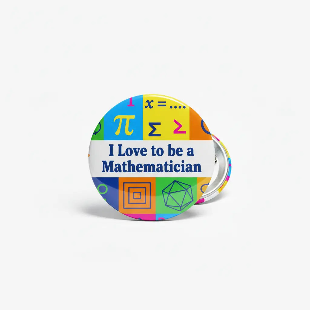 2.25-inch math-themed pinback button with 'I Love to be a Mathematician' text