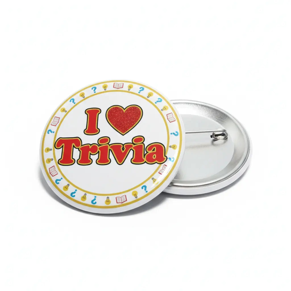 Round trivia pinback button with "I ♥ Trivia" logo and silver metal backing