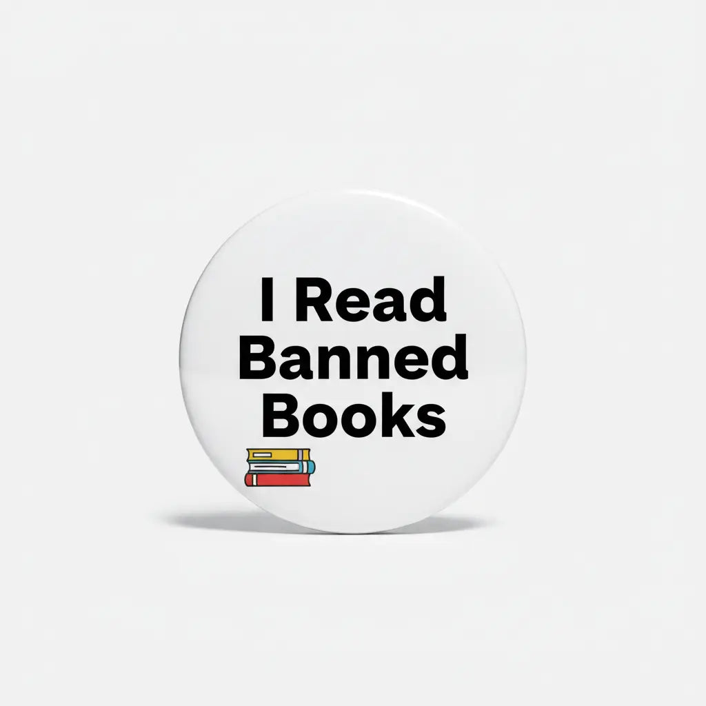 I Read Banned Books pinback button, white with black text and book stack icon