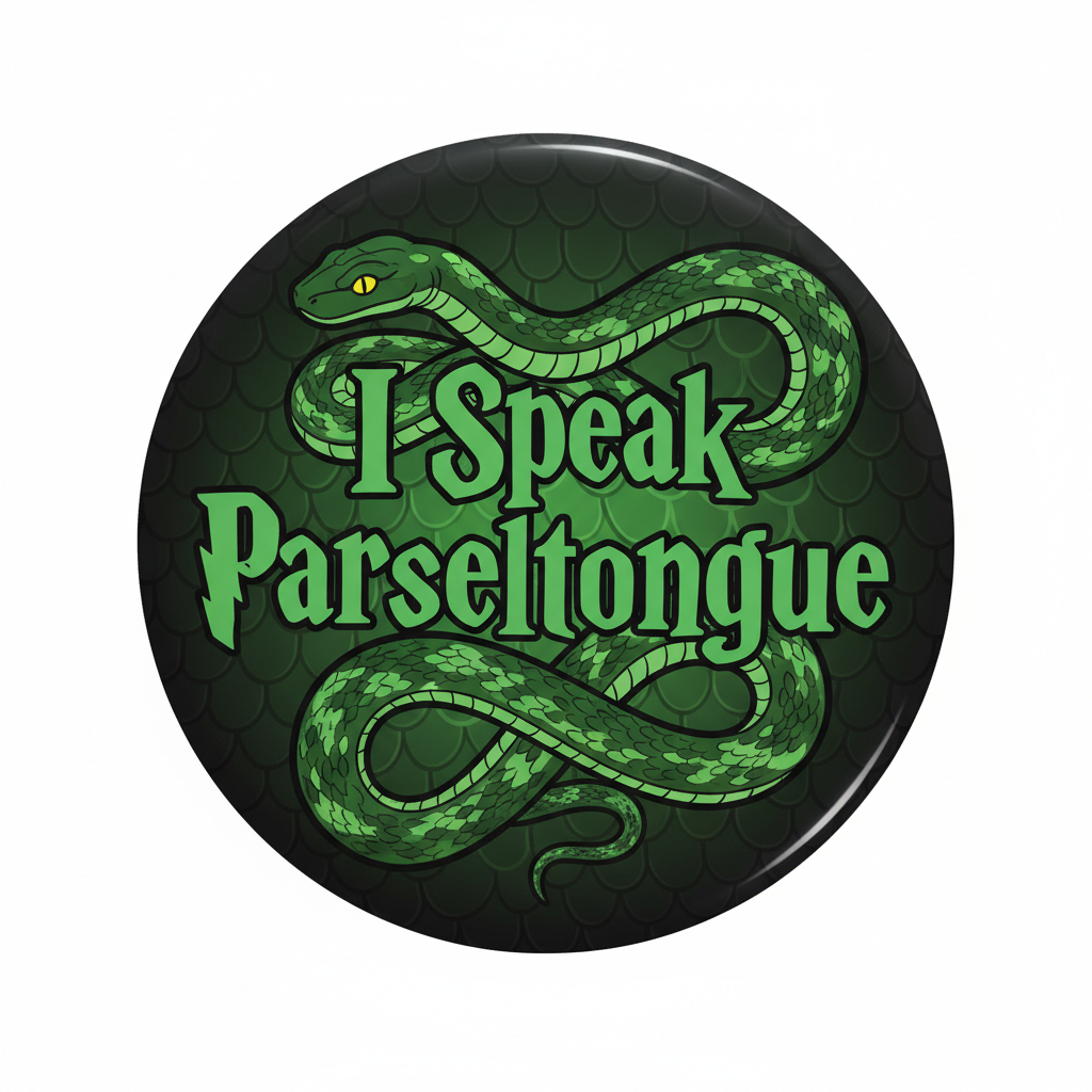 Round 2.25-inch pinback button with green snake and "I Speak Parseltongue" text