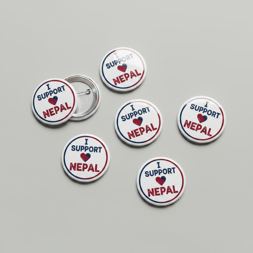 Six round pin-back buttons with a silver metal rim, featuring a white face with the text 'I SUPPORT NEPAL' and a small red heart, arranged on a neutral gray background.