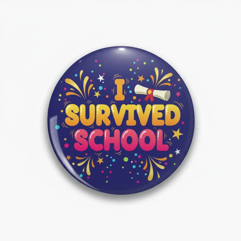 2.25-inch button pin with “I Survived School” text and fireworks graphics