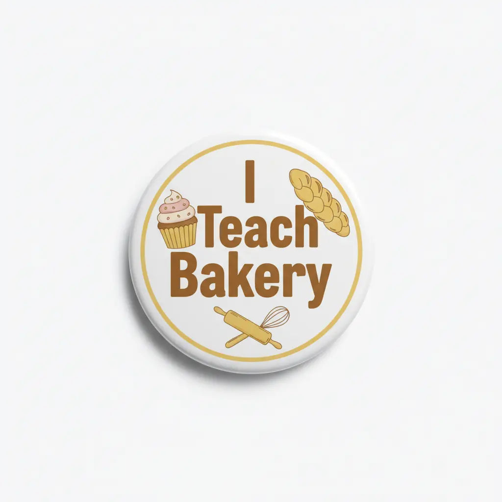 Round I Teach Bakery pinback button with cupcake and rolling pin icons