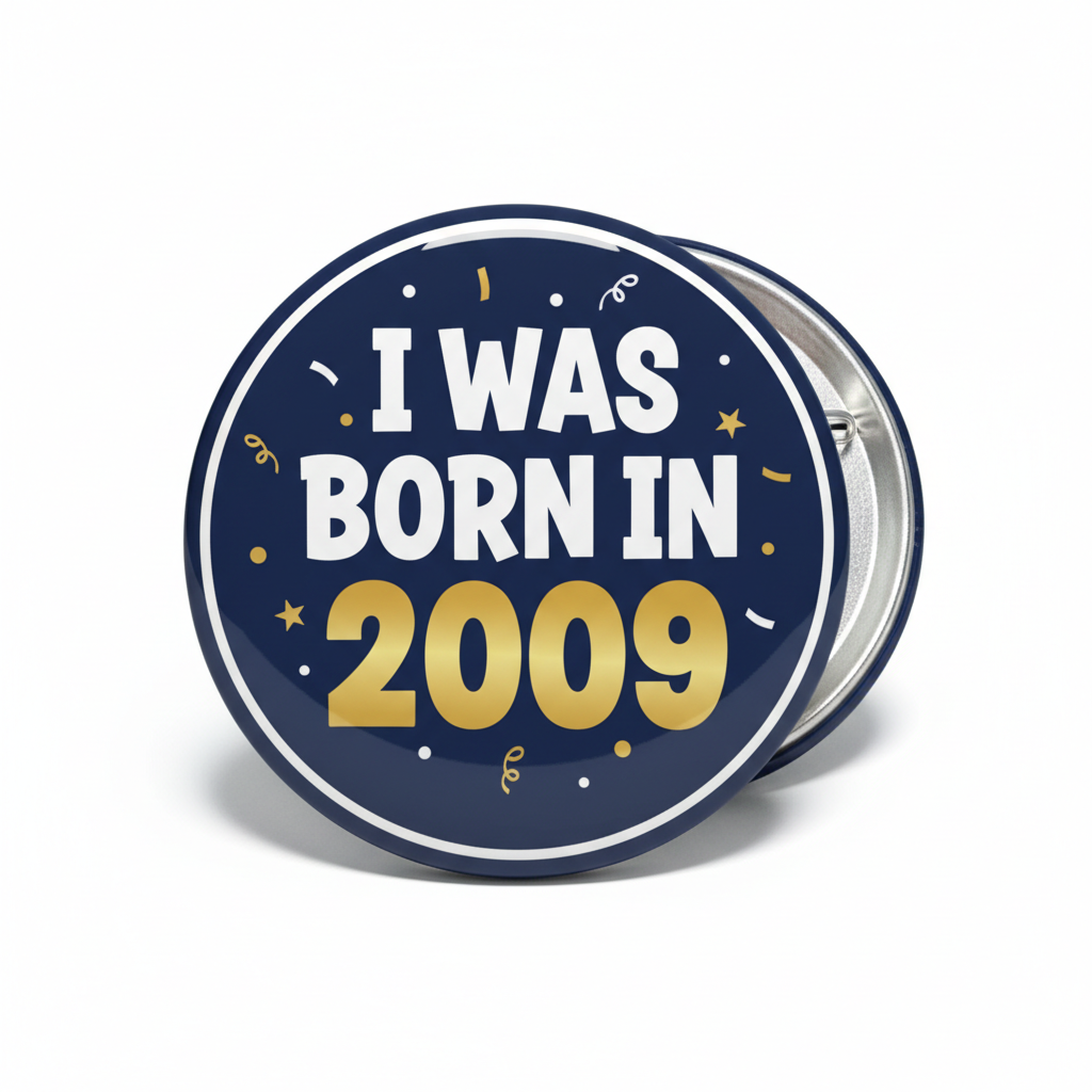 Round navy pinback button with white text “I WAS BORN IN 2009” and metallic edge