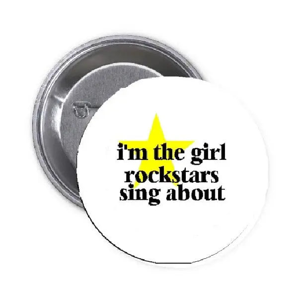 Round button pin, white with yellow star and black text graphic