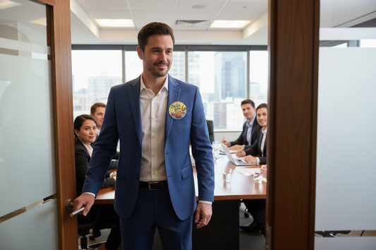 Blue suit jacket with round pinback button on the lapel
