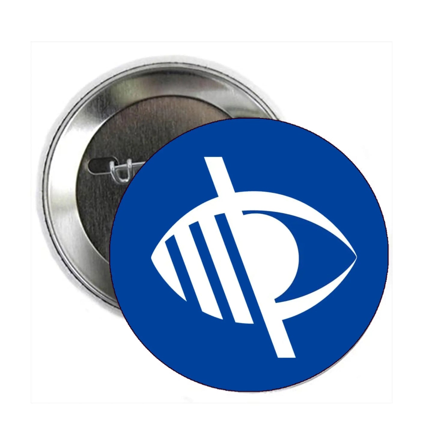 Blue and white visual impairment symbol pinback badge, round metal backing, 2.25-inch