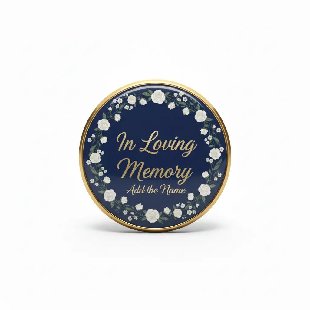 2.25-inch In Loving Memory pinback button, navy with floral wreath and gold rim