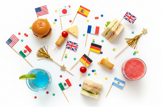 Assorted international flag toothpick picks, small wooden sticks with miniature flag toppers