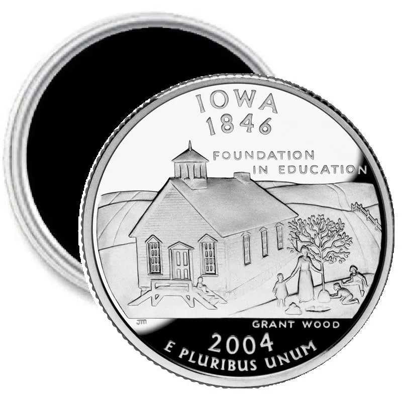 Round magnet with Iowa 1846 quarter design, school building and 2004 text
