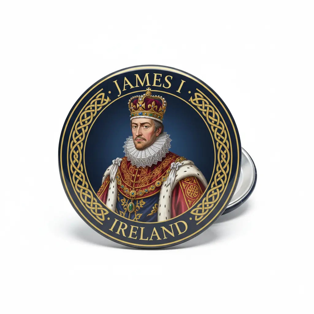 Round pinback badge with crowned portrait and “JAMES I IRELAND” text in gold and dark blue