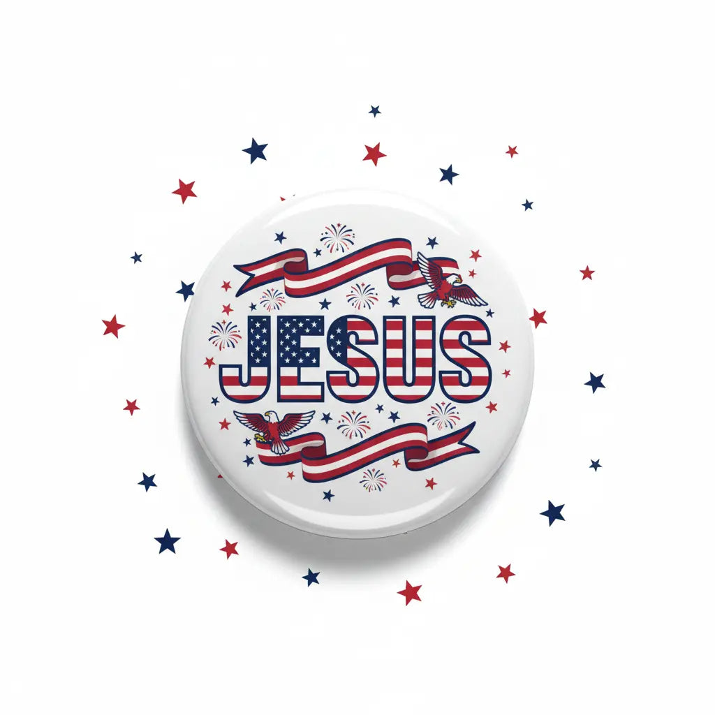 Jesus pinback button with red, white, and blue stars and ribbon design