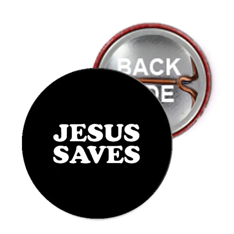 Black round pinback button with bold "JESUS SAVES" text