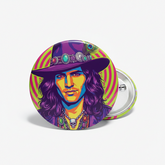 Round pinback button with colorful portrait of a man with long purple hair