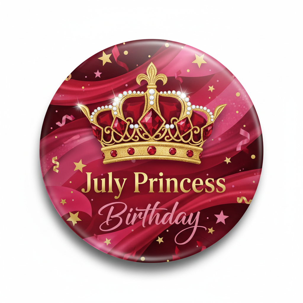 Pink July Princess Birthday pinback button with gold crown and star confetti, 2.25-inch