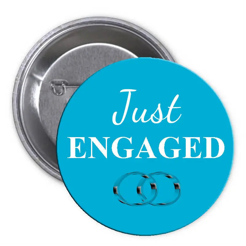 Blue pinback button, 1.25-inch, 'Just Engaged' text