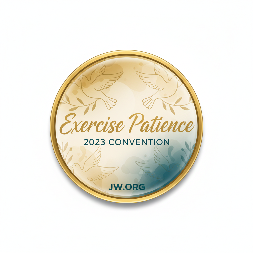 A round commemorative medallion or sticker for the 'Exercise Patience 2023 Convention' featuring a gold border, a cream-to-teal gradient background with dove illustrations, and the text 'JW.ORG' at the bottom, shown on a plain white background.