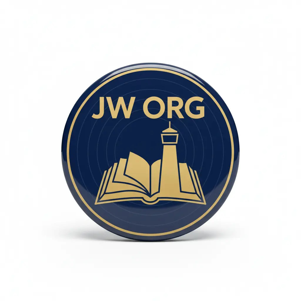 Round blue and gold pinback badge with JW ORG and open book icon