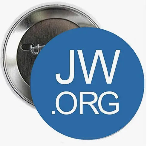 Blue JW.org symbol pinback button with white JW and .ORG text