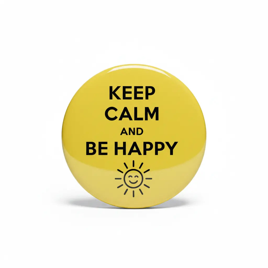 Yellow round pinback button with "KEEP CALM AND BE HAPPY" text and smile icon