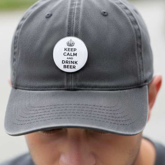 Keep calm and drink beer pin button on gray baseball cap, round white badge