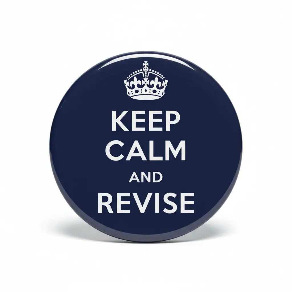 2.25-inch pinback button, navy with crown and "KEEP CALM AND REVISE" text