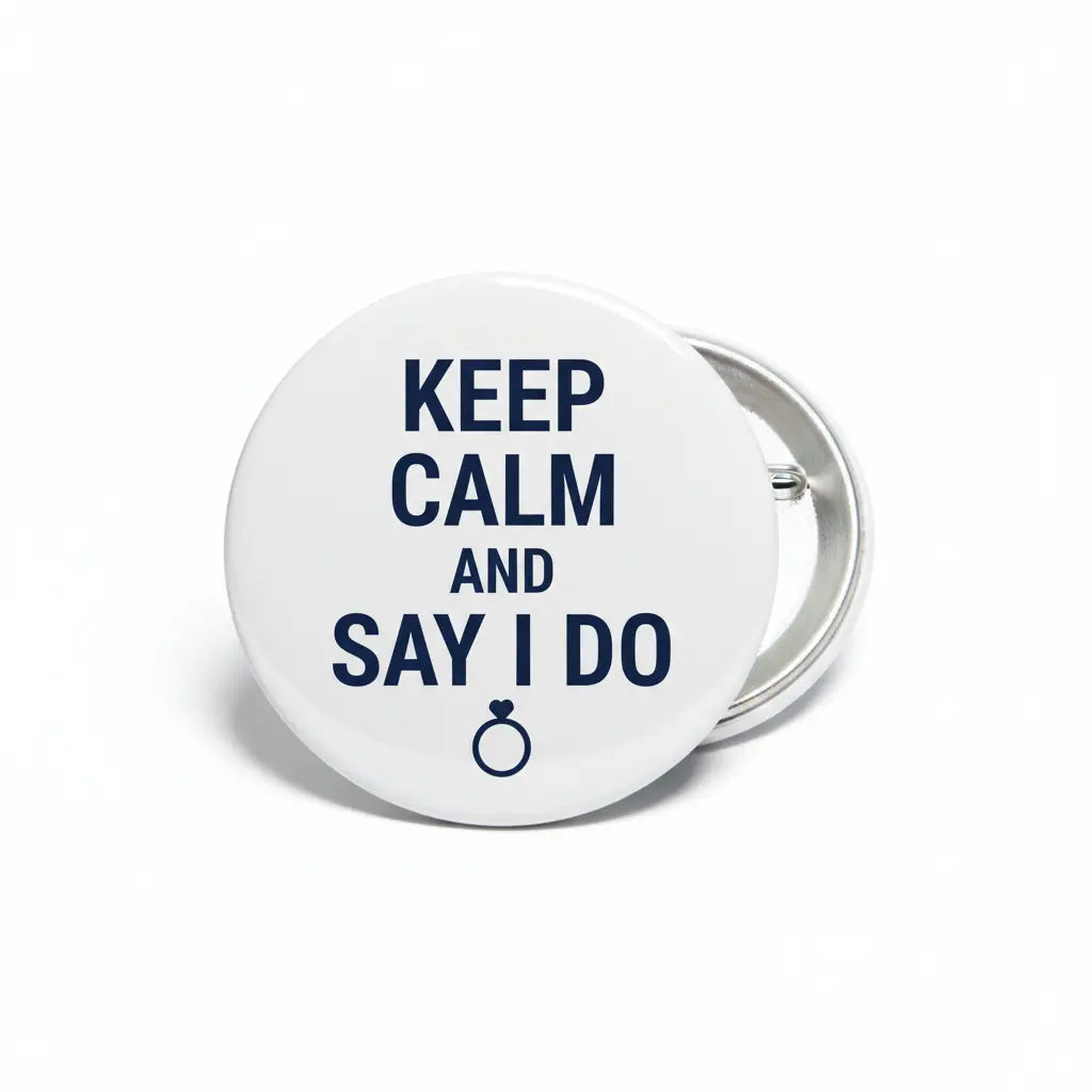 Round pinback button with text "KEEP CALM AND SAY I DO" and small ring icon