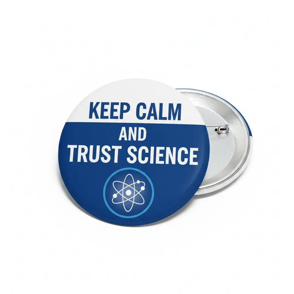 Keep Calm and Trust Science pinback button, blue and silver with atom icon