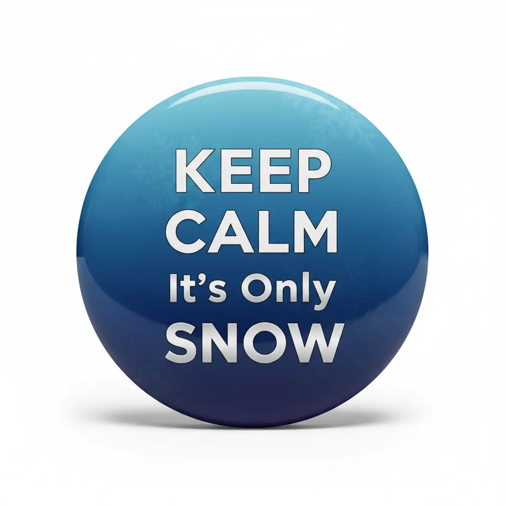 Round blue pinback button with 'Keep Calm It's Only Snow' text