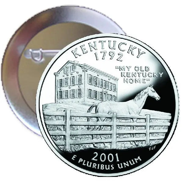 Round silver Kentucky 1792 pinback button with Old Kentucky Home, horse and fence design