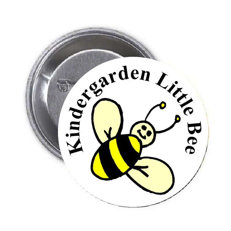 Kindergarden Little Bee 1.25-inch round pinback button with smiling yellow-and-black bee