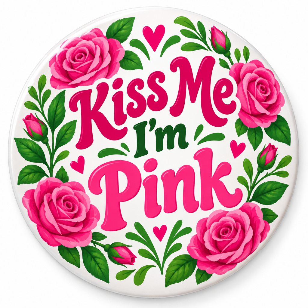 Funny Kiss Me I'm Pink Roses Floral Pin Button 2.25-inch