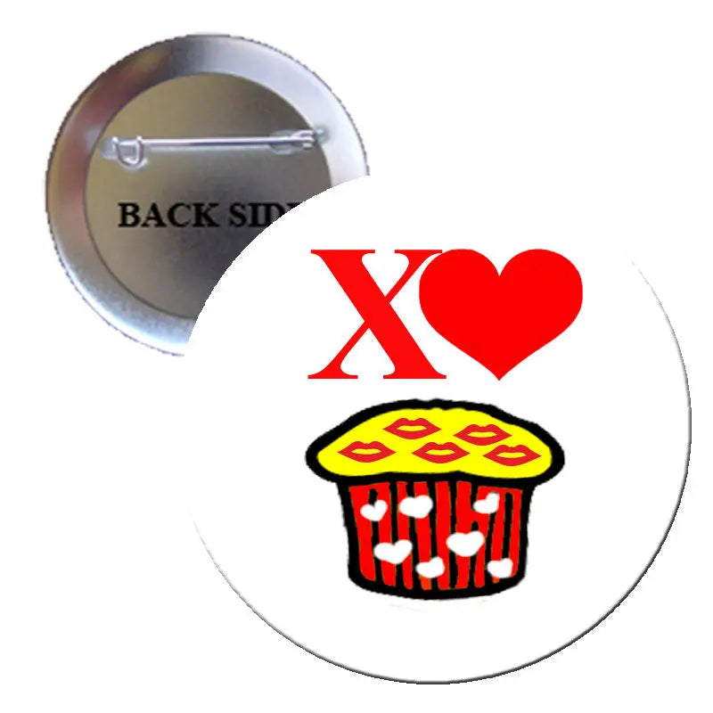 2.25-inch heart cupcake pinback button with red X and heart graphic