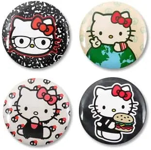 Cat-themed round button pin set with cartoon characters and bows, four pack