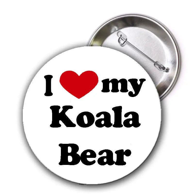 Koala bear pinback button with "I love my Koala Bear" text and red heart icon